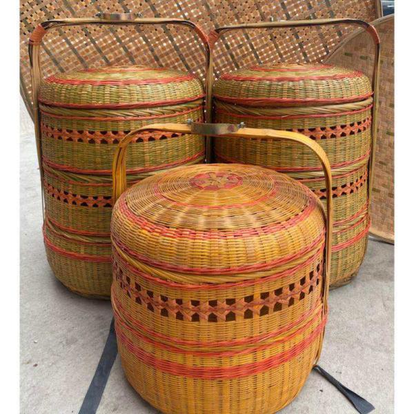 Miaopule Woven Bamboo Basket for Worship - Orange Two-Tiered Set (Pair with Carrying Pole), Qing Style