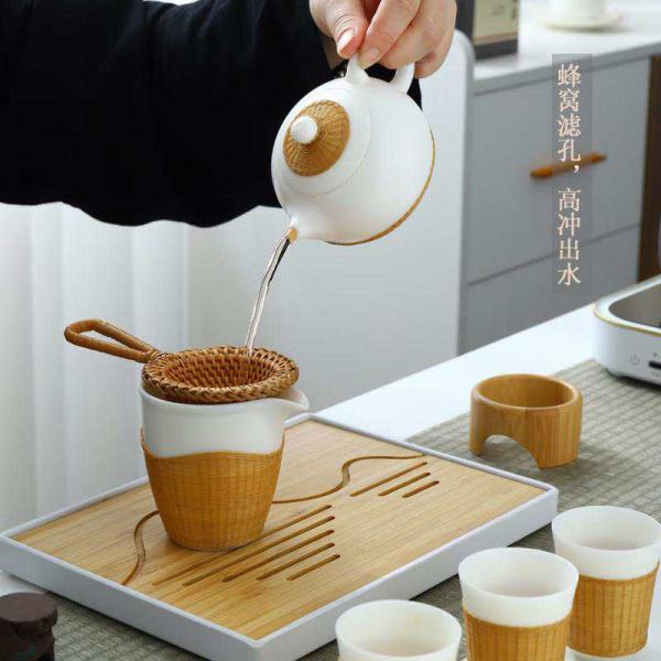 Kanglepin Intangible Cultural Heritage Handwoven Bamboo & White Porcelain Kungfu Tea Set - Gift Box with Tea Tray (1 Teapot, 4 Cups, 1 Gaiwan, 1 Fairness Cup, 1 Filter)